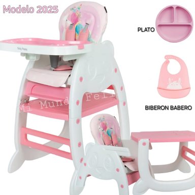 SILLA COMER BABY HAPPY ROSADO CON PLATO Y BABERO RS