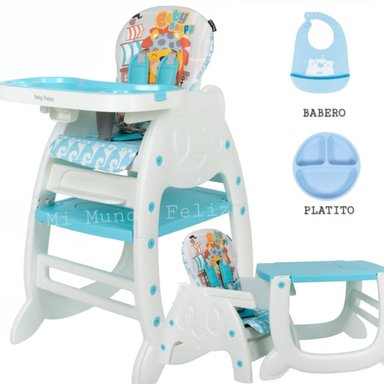 SILLA COMER BABY HAPPY CELESTE CON PLATO Y BABERO CL