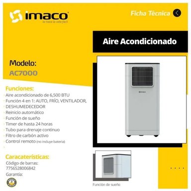 AIRE ACONDICIONADO PORTÁTIL IMACO AIRE ACONDICIONAL PORTATIL AC7000 BLANCO CONTROL REMOTO - 2
