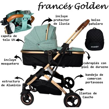 COCHE MOISÉS FRANCÉS GOLDEN  CON BOLSO PAÑALERO