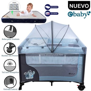 CUNA CORRAL EBABY HAPPY DREAM CON CAMBIADOR + COLCHON AZUL