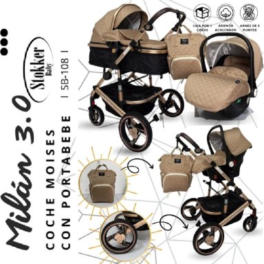 COCHE CUNA DE LUJO MILAN 3.0 PORTA BEBE Y PAÑALERA BEIGE