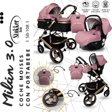 COCHE CUNA DE LUJO MILAN 3.0PORTA BEBE Y PAÑALERA ROSADO