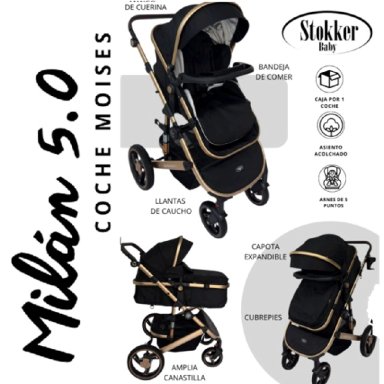 COCHE MOISES MILAN 5.0 MANGO DE CUERINA STOKKER BABY NEGRO