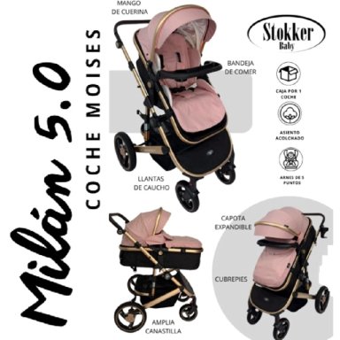 COCHE MOISES MILAN 5.0 MANGO DE CUERINA STOKKER BABY ROSADO