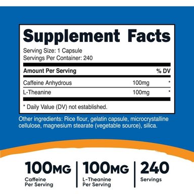 SUPLEMENTOS NUTRICOST CAFEÍNA CON LTEANINA 240 CÁPSULAS - 2