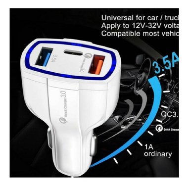 CARGADOR 3 PUERTOS DE AUTO DUAL USB TIPO C CARGA RÁPIDA 35W BLANCO - 3