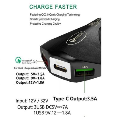CARGADOR 3 PUERTOS DE AUTO CARRO DUAL USB TIPO C CARGA RÁPIDA 35W - 6
