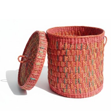 CESTO DE MIMBRE CON TAPA MULTICOLOR - ESENCIAL ORGANIZADOR DECORATIVO 40CM ALTO