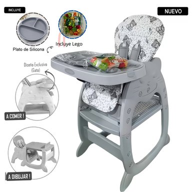 SILLA CARPETA HI BABY GATO 3 EN 1 GRIS CON PLATO Y LEGO