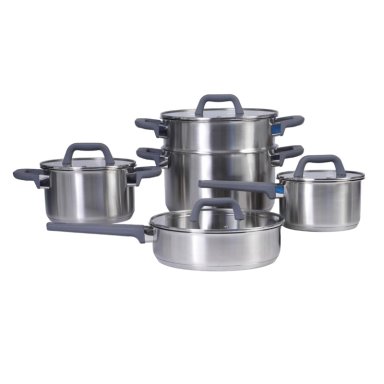 JUEGO DE OLLAS 9 PIEZAS ACERO INOXIDABLE OSTER BEAUFORD ACABADO PLATA