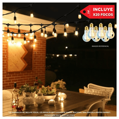 GUIRNALDA COLGANTE LUCES CADENA EXTERIOR 10M CON FOCOS REGALO