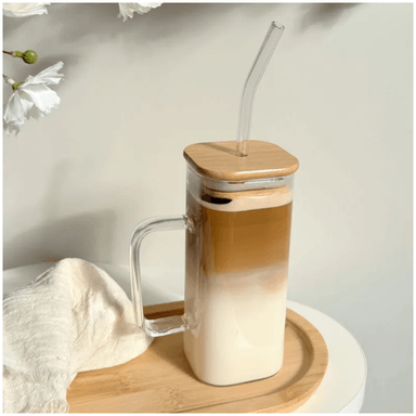 VASO TAZA DE VIDRIO CON SORBETE Y TAPA DE BAMBÚ