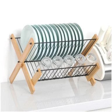 ESCURRIDOR DE PLATOS DE 2 NIVELES CON BASE DE BAMBÚ