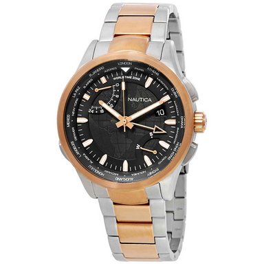 RELOJ NAUTICA HOMBRE ANÁLOGO NAPSHG004 GMT HORA MUNDIAL PLATEADO DORADO