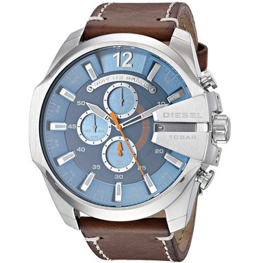 RELOJ DIESEL HOMBRE ANÁLOGO DZ4458 MEGA CHIEF FECHA CRONÓMETRO CORREA MARRÓN CELESTE AZUL CUERO