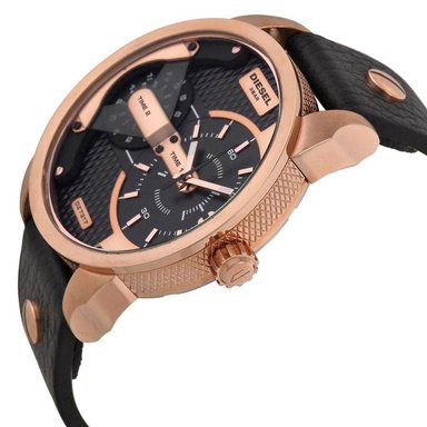 RELOJ DIESEL HOMBRE ANÁLOGO DZ7317 MINI DADDY DOBLE HORA CORREA NEGRO ORO ROSADO CUERO - 2