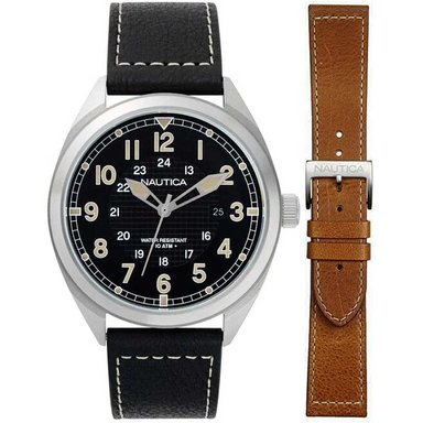 SET RELOJ NAUTICA HOMBRE BATTERY PARK NAPBTP006 + 2 CORREAS NEGRO MARRÓN PLATEADO CUERO