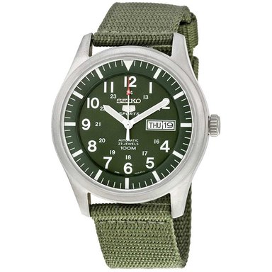 RELOJ SEIKO HOMBRE ANÁLOGO AUTOMÁTICO SNZG09 5 SPORTS FECHA CORREA NAILON PLATEADO VERDE