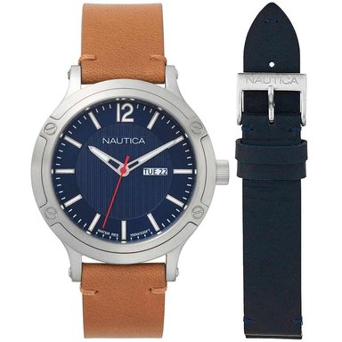 SET RELOJ NAUTICA HOMBRE NAPPSP901 PORTHOLE SLIM BOXSET FECHA + 2 CORREAS MARRÓN AZUL CUERO