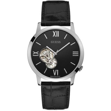 RELOJ GUESS HOMBRE ANÁLOGO W1267G1 AUTOMATICO OPEN HEART CORREA NEGRO PLATEADO CUERO ACERO INOXIDABLE