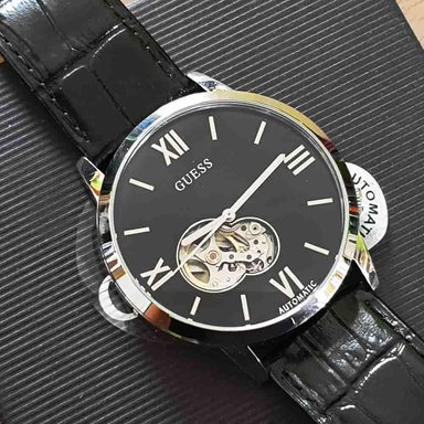 RELOJ GUESS HOMBRE ANÁLOGO W1267G1 AUTOMATICO OPEN HEART CORREA NEGRO PLATEADO CUERO ACERO INOXIDABLE - 2