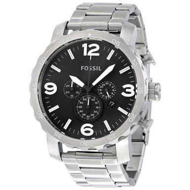 RELOJ FOSSIL HOMBRE ANÁLOGO JR1353 NATE CRONOMETRO FECHA PLATEADO NEGRO ACERO INOXIDABLE
