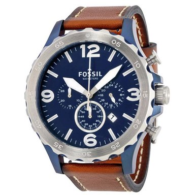 RELOJ FOSSIL HOMBRE ANÁLOGO JR1504 NATE CRONOMETRO CORREA MARRÓN AZUL CUERO ACERO INOXIDABLE
