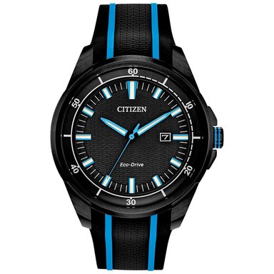 RELOJ CITIZEN HOMBRE ANÁLOGO AW1605-09E ECO DRIVE SOLAR FECHA CORREA NEGRO AZUL ACERO INOXIDABLE SILICONA