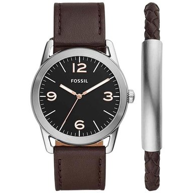 SET RELOJ FOSSIL HOMBRE ANÁLOGO BQ2465SET LEDGER + CORREA MARRON ACERO INOXIDABLE CUERO