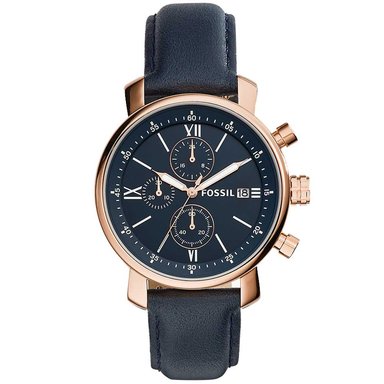 RELOJ FOSSIL HOMBRE ANÁLOGO BQ1704 RHETT FECHA CRONOMETRO CORREA AZUL ORO ROSADO ACERO INOXIDABLE CUERO