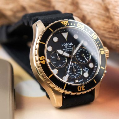 RELOJ FOSSIL HOMBRE ANÁLOGO FS5729 FB-03 FECHA CRONÓMETRO CORREA NEGRO DORADO ACERO INOXIDABLE SILICONA - 2