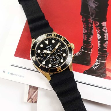RELOJ FOSSIL HOMBRE ANÁLOGO FS5729 FB-03 FECHA CRONÓMETRO CORREA NEGRO DORADO ACERO INOXIDABLE SILICONA - 3