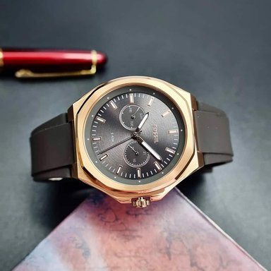 RELOJ FOSSIL HOMBRE ANÁLOGO BQ2612 EVANSTON MULTIFUNCIONAL CORREA MARRON ORO ROSADO ACERO INOXIDABLE SILICONA - 4