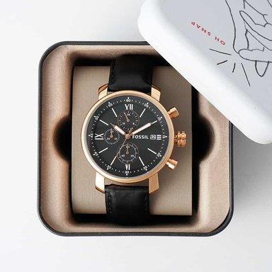 RELOJ FOSSIL HOMBRE ANÁLOGO BQ1008 RHETT FECHA CRONÓMETRO CORREA NEGRO ORO ROSADO ACERO INOXIDABLE CUERO - 2
