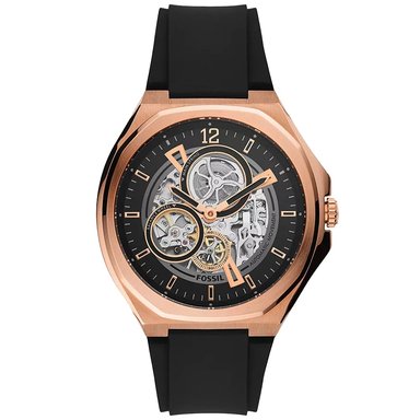 RELOJ FOSSIL HOMBRE ANÁLOGO AUTOMÁTICO BQ2622 EVANSTON ORO ROSADO CORREA NEGRO ACERO INOXIDABLE SILICONA