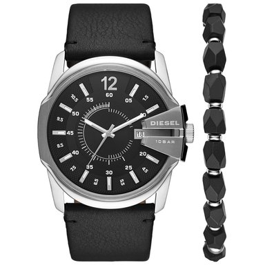 SET RELOJ DIESEL HOMBRE ANÁLOGO DZ1907 MASTER CHIEF FECHA + CORREA NEGRO CUERO