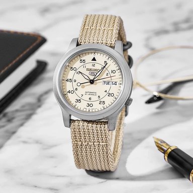 RELOJ SEIKO HOMBRE ANÁLOGO AUTOMÁTICO SNK803K2 5 FECHA MATE CORREA NAILON BEIGE ACERO INOXIDABLE - 3