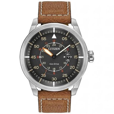 RELOJ CITIZEN HOMBRE ANÁLOGO AW1360-12H ECO DRIVE AVIATOR SOLAR FECHA MARRÓN DIAL GRIS ACERO INOXIDABLE CUERO