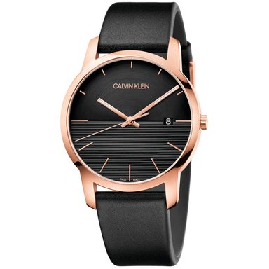 RELOJ ANÁLOGO CALVIN KLEIN CITY K2G2G6CZ SUIZO HOMBRE ACERO INOXIDABLE ORO ROSADO CORREA DE CUERO NEGRO
