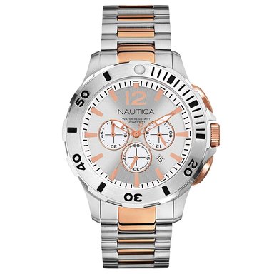 RELOJ NAUTICA A27525G FECHA CRONOMETRO ACERO INOXIDABLE PLATEADO ORO ROSADO DIAL PLATEADO