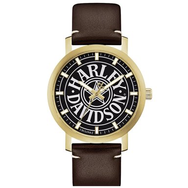 RELOJ BULOVA HARLEY DAVIDSON 77A100 EDICION LIMITADA ACERO INOXIDABLE DORADO CORREA CUERO MARRÓN