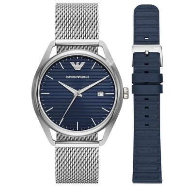 RELOJ EMPORIO ARMANI MATTEO AR80054 HOMBRE FECHA SET 2 CORREAS ACERO INOXIDABLE Y CUERO DIAL AZUL