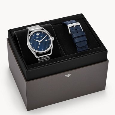 RELOJ EMPORIO ARMANI MATTEO AR80054 HOMBRE FECHA SET 2 CORREAS ACERO INOXIDABLE Y CUERO DIAL AZUL - 2