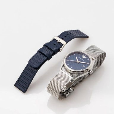 RELOJ EMPORIO ARMANI MATTEO AR80054 HOMBRE FECHA SET 2 CORREAS ACERO INOXIDABLE Y CUERO DIAL AZUL - 4