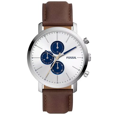 RELOJ FOSSIL LUTHER BQ2687 CRONÓMETRO ACERO INOXIDABLE CORREA CUERO MARRON DIAL PLATEADO - 1