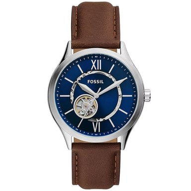 RELOJ FOSSIL FENMORE BQ2699 AUTOMÁTICO ACERO INOXIDABLE CORREA CUERO MARRÓN DIAL AZUL