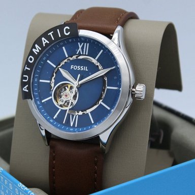 RELOJ FOSSIL FENMORE BQ2699 AUTOMÁTICO ACERO INOXIDABLE CORREA CUERO MARRÓN DIAL AZUL - 2