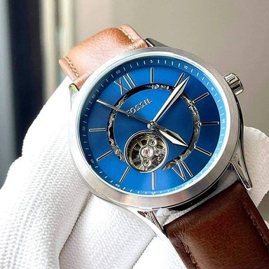 RELOJ FOSSIL FENMORE BQ2699 AUTOMÁTICO ACERO INOXIDABLE CORREA CUERO MARRÓN DIAL AZUL - 3