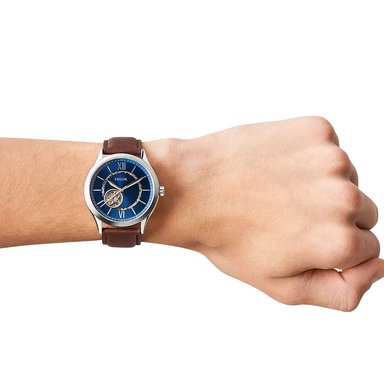 RELOJ FOSSIL FENMORE BQ2699 AUTOMÁTICO ACERO INOXIDABLE CORREA CUERO MARRÓN DIAL AZUL - 4